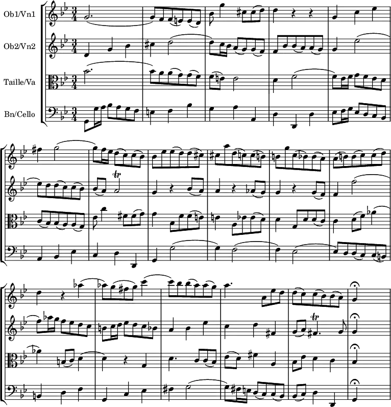 \new StaffGroup <<
\override Score.BarNumber #'transparent = ##t
\new Staff \with { instrumentName = "Ob1/Vn1" } \transpose c c'
{\clef treble
\key g \minor
\time 3/4
\set Staff.midiInstrument = "oboe"
g2. (| g8) f f(e) e (d)| bes g'4 cis'8 cis' (d') | d'4 r r | g c' es' | fis' g'2 ( |
g'8) f'16 es' d'8 (c') c' (bes) | bes es' es' (d') d' (cis')| cis' a' d'(c') c' (b) |
b g' c' (bes) bes (a)| a (b) b(c') c'(d')| d'4 r aes'( | aes'8) g'( fis' g') c''4( |
c''8) bes' bes'(a') a'(g') | a'4. a8 es' d' | d' (c') c' (bes) bes (a) | g4\fermata s s | }
\new Staff \with { instrumentName = "Ob2/Vn2" } \transpose c c'
{\clef treble
\time 3/4
\key g \minor
\set Staff.midiInstrument = "viola"
d4 g bes | cis' d'2 (| d'8) c'16 bes a8 (g) g (f) | f bes bes (a) a (g) | g4 es'2 ( |
es'8) d' d' (c') c' (bes) | bes (a) a2\trill | g4 r bes8 (a) | a4 r aes8 (g) | g4 r g8 (f) |
f4 f'2 ( | f'8) aes'16 g' f'8 es' d' c' | b c'16 d' es'8 d' c' bes | a4 bes es' |
c' d' fis | g8 (a) fis4.\trill g8 | g4\fermata s s| }
\new Staff\with { instrumentName = "Taille/Va" } \transpose c c'
{\clef alto
\key g \minor
\time 3/4
\set Staff.midiInstrument = "english horn"
bes2.( | bes8) a a (g) g(f) | f (e) e2 | d4 f2 ( | f8) es16 f g8 f es d | c (bes,) bes, (a,) a, (g,) |
es8 c'4 fis8 fis (g) | g4 bes,8 f f(e) | e4 a,8 es es (d) | d4 g,8 d d (c) |
c4 d8 (f) aes4 ( | aes) b,8 (c) d4 ( | d) r g, | d4. c8 c (bes,) | es (d) fis4 a, |
bes,8 es d4 c | bes,\fermata s s| }
\new Staff \with { instrumentName = "Bn/Cello" } {
\clef bass
\key g \minor
\time 3/4
\set Staff.midiInstrument = "bassoon"
g,8 g16 a bes8 a g f | e4 f bes | g a a, | d d, d | es8 f16 g es8 d c bes, | a,4 bes, es |
c d d, | g, g2 (| g4) f2 ( | f4) es2 ( | es8) d d (c) c (b,)| b,4 d f | g, c es |
fis g2 ( | g8) fis16 e d8 (c) c (bes,) | bes, (c) d4 d, | g,\fermata s s | }
>>
\layout { indent = 2\cm }
\midi {\tempo 4 = 72 }