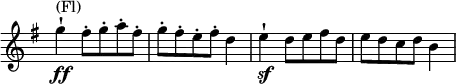 \relative c' \new Staff \with { \remove "Time_signature_engraver" } {
\key g \major \time 3/4
g''4-!\ff ^\markup (Fl) fis8-. g-. a-. fis-. g-. fis-. e-. fis-. d4 e-!\sf d8 e fis d e d c d b4
}
