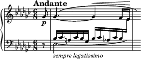 \new PianoStaff <<
\new Staff = "Up" \with { \magnifyStaff #3/4 } <<
\new Voice \relative c' {
\clef treble
\tempo "Andante"
\set Score.tempoHideNote = ##t \tempo 4. = 60
\time 6/8
\key ees \minor
\partial 8
ges'8 \p \dynamicUp ges4.^(~ges4 \< f16 ees \! \hide r)
}
>>
\new Staff = "Down" \with { \magnifyStaff #3/4 } <<
\new Voice \relative c{
\clef bass
\key ees \minor
\stemUp
r8 bes'16_(ces a ces bes ges bes ces aes ces bes \change Staff = "Up" \stemDown ees) s
}
\new Voice \relative c{
\clef bass
s8 ees2._\markup{\italic sempre \italic legatissimo}
}
>>
>>