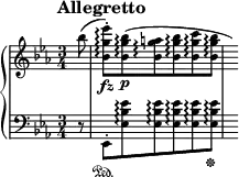\new PianoStaff <<
\new Staff = "Up" \with { \magnifyStaff #3/4 } <<
\new Voice \relative c' {
\clef treble
\tempo "Allegretto"
\set Score.tempoHideNote = ##t \tempo 4 = 76
\time 3/4
\key ees \major
\partial 8
bes''8 (<bes, g' ees'>-. \arpeggio \fz) <bes g' bes> \arpeggio \p (<bes g' a> \arpeggio <bes g' bes> \arpeggio <bes g' c> \arpeggio <bes g' bes> \arpeggio \hide r16)
}
>>
\new Staff = "Down" \with { \magnifyStaff #3/4 } <<
\new Voice \relative c{
\clef bass
\key ees \major
r8 ees,-. \sustainOn <ees' bes' ees> \arpeggio <ees bes' ees> \arpeggio <ees bes' ees> \arpeggio <ees bes' ees> \arpeggio <ees bes' ees> \arpeggio \sustainOff s16
}
>>
>>