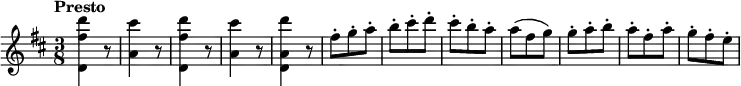 \relative c''' { \set Score.tempoHideNote = ##t \tempo "Presto" 4=175 \key d \major \time 3/8
<d fis, d,>4 r8 <cis a,>4 r8 <d fis, d,>4 r8 <cis a,>4 r8 <d a, d,>4 r8
fis,8-. g-. a-. b-. cis-. d-. cis-. b-. a-. a( fis g)
g-. a-. b-. a-. fis-. a-. g-. fis-. e-.
}