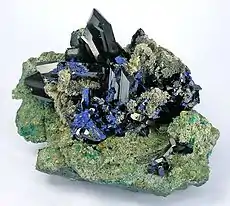 Very large cluster of azurite crystals, ex-Smithsonian collection, offered at US$125,000. Size 16.7 x 13.2 x 10.5&nbsp;cm.