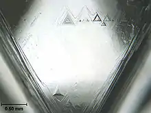 A triangular facet of a crystal having triangular etch pits with the largest having a base length of about 0.2 millimetres (0.0079 in)