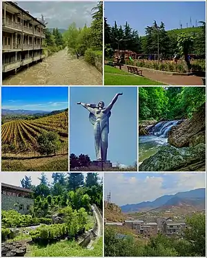 From top left:Aghstev River • Ijevan central parkIjevan Vineyards • Mother ArmeniaIjevan Wildlife Sanctuary • Ijevan DendroparkIjevan skyline and Gugark mountains