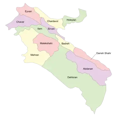 Location of Eyvan County in Ilam province (top, pink)