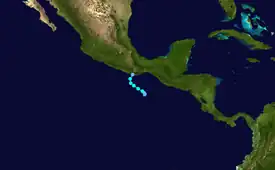 Map plotting the track and the intensity of the storm, according to the Saffir–Simpson scale