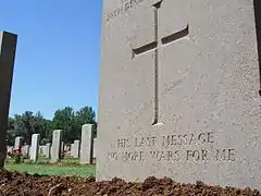 HIS LAST MESSAGE: NO MORE WARS FOR ME&nbsp;– A headstone in the Jerusalem British World War I Cemetery on Mount Scopus