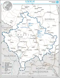 Kosovo – the area encompassed by the black dashed line – as delineated by UN Security Council Resolution 1244.