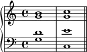 \new PianoStaff <<
\new Staff <<
\new Voice \relative c'' {
\stemUp \clef treble \key c \major \time 4/4
b1 c
}
\new Voice \relative c'' {
\stemDown
g1 g
}
>>
\new Staff <<
\new Voice \relative c' {
\stemUp \clef bass \key c \major \time 4/4
d1 e
}
\new Voice \relative c' {
\stemDown
g1 c, \bar "||"
}
>>
>>