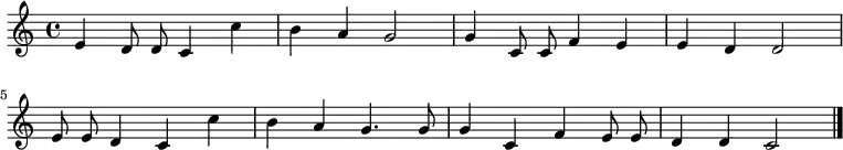 \new Staff <<
\clef treble \key c \major {
\time 4/4 \autoBeamOff
\relative c' {
e4 d8 d8 c4 c' | b a g2 | g4 c,8 c f4 e | e d d2 \break
e8 e d4 c c' | b4 a g4. g8 | g4 c, f e8 e | d4 d c2 \bar "|."
}
}
>>
\midi { \tempo 2 = 78 }